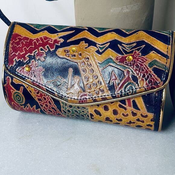 VTG Leather Embossed Giraffe Wildlife Jungle Africa Structured Crossbody Bag - Picture 9 of 12